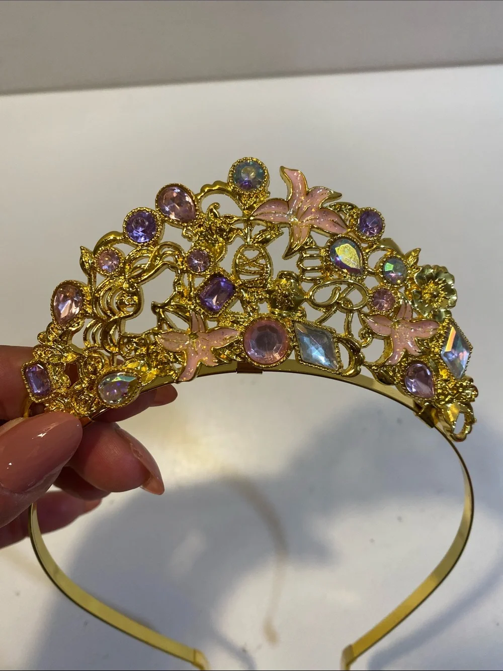 Disney Rapunzel Tiara Gold Headband with Pink and Purple Crystal Accents
